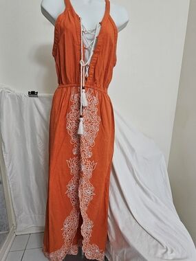Sleeveless Orange Maxi Dress with White Embroidered Detail